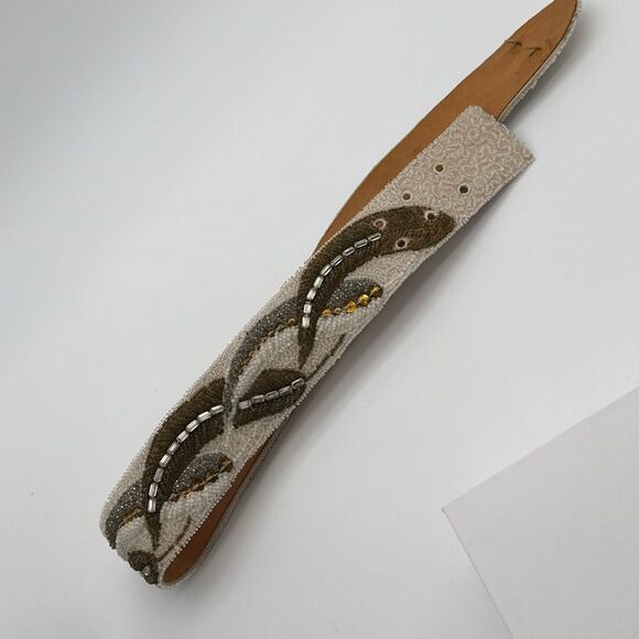Vintage 1950s 1960s Hand Beaded Belt Ivory Brown Glass Seed Beads Small‎ main image 3